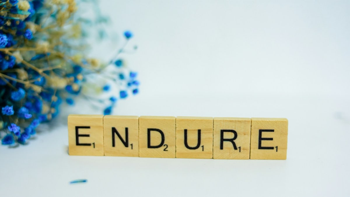 a scrabble type block spelling the word endure